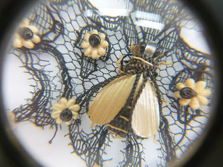 Straw bee detail of 1850s bonnet in the V&A collection:  [Photo: Fiona Starkey]